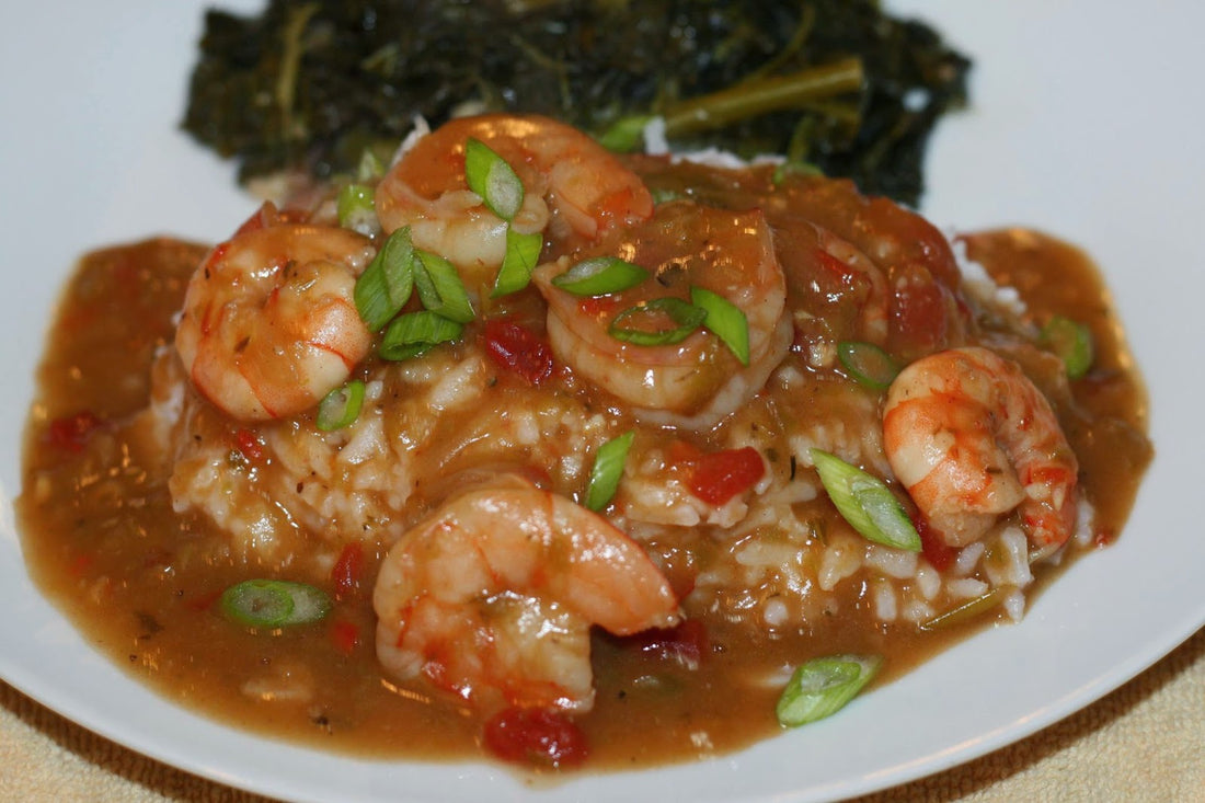 Shrimp Etouffee with Maine-ly Drizzle's Baklouti Fused Artisan Green Chili Oil Roux - AKA Delicious