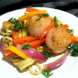 Pan-Seared Scallops with Pepper, Onions and Anchovy