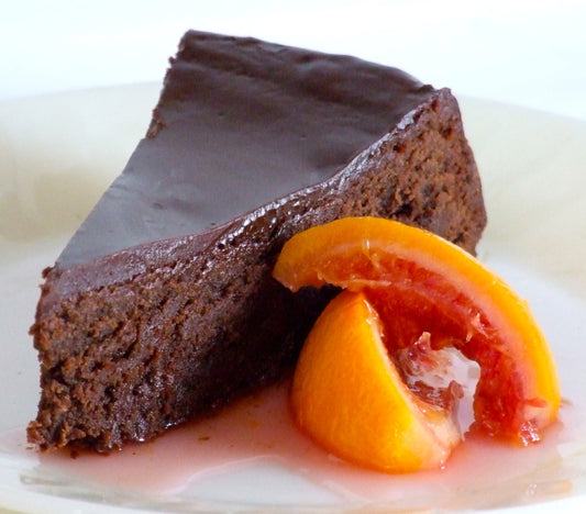 Almost Flourless Dark Chocolate Blood Orange Olive Oil Cake with Vanilla Bean Candied Kumquats
