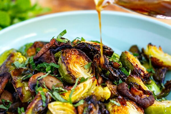 Brussels Sprouts Caramelized with Cremini Mushrooms and Maine-ly Drizzle Pomegranate Quince Balsamic