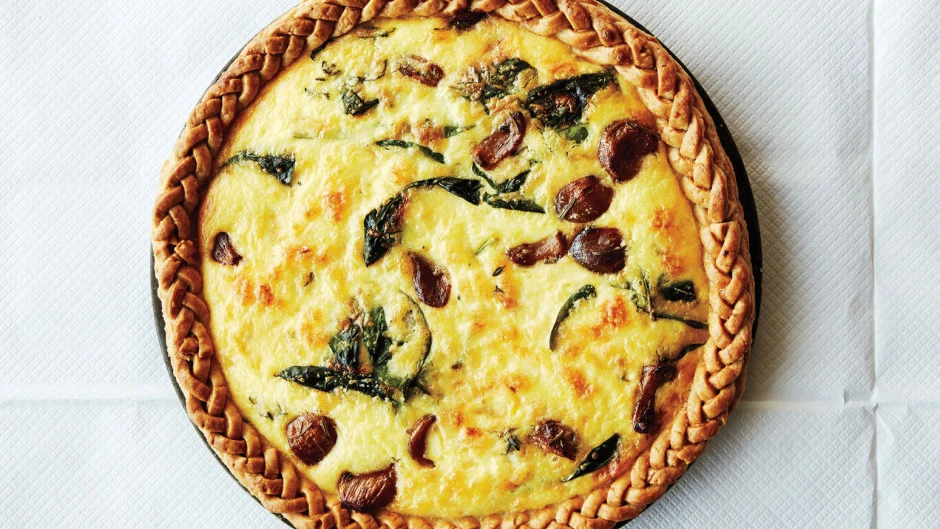 Caramelized Garlic, Spinach, and Cheddar Tart