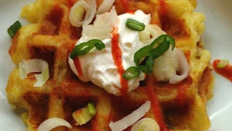 Savory Cheddar-Mashed Potato "Latke" Waffles with Garlic Olive Oil