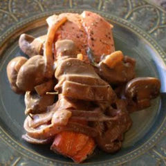 Fresh Wild Salmon with Creamy Balsamic Rosemary-Carmelized Onions and Wild Mushrooms