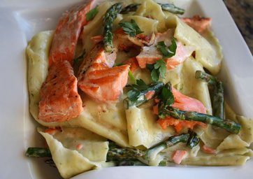 Grilled Wild Salmon & Asparagus with Lemon Cream Sauce