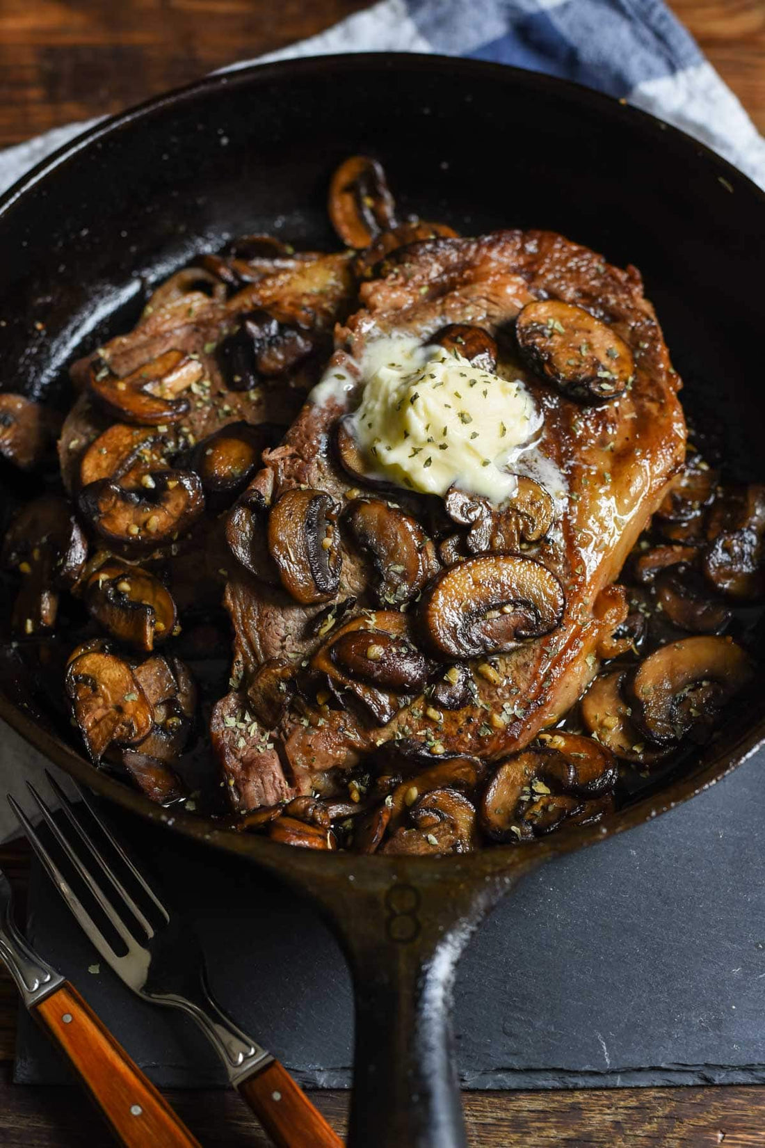 Ribeye Steaks with Blue Cheese Butter and Mushrooms