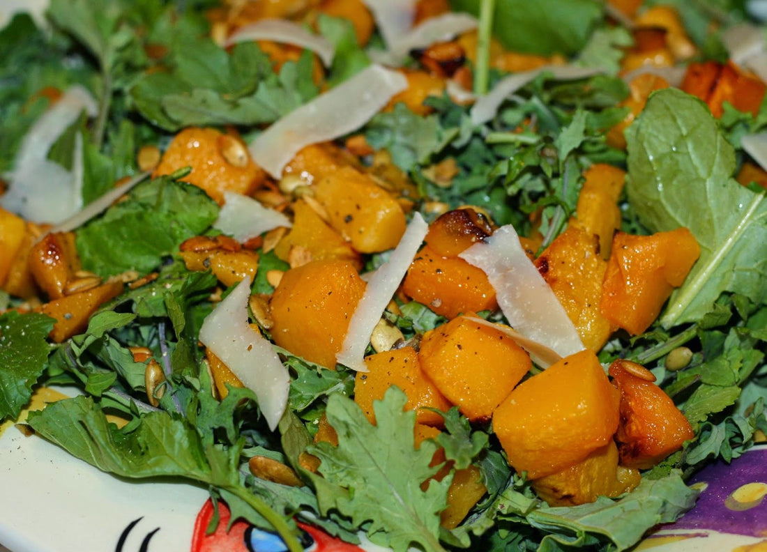 Salad- Organic Kale, Quinoa, and Roasted Butternut Squash  with Toasted Pumpkin Seeds