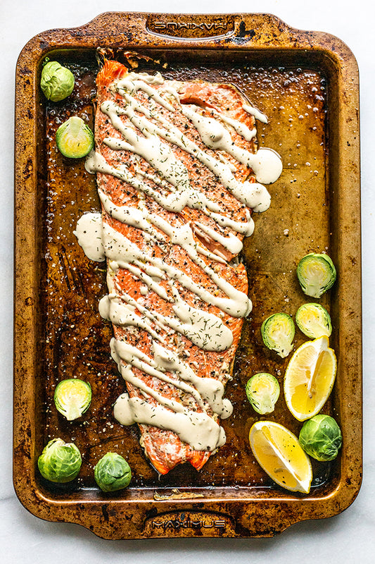 Salmon Steaks with Lemon Green Tahini Sauce