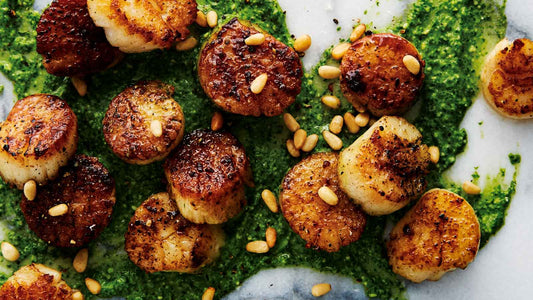 Scallops - Roasted Walnut and Arugula Pesto Linguini with Seared Lemon Scallops