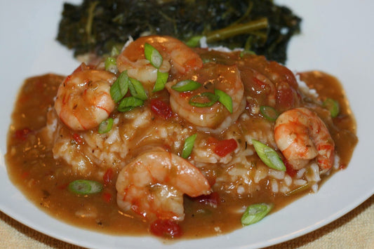 Shrimp Etouffee with Maine-ly Drizzle's Baklouti Fused Artisan Green Chili Oil Roux - AKA Delicious