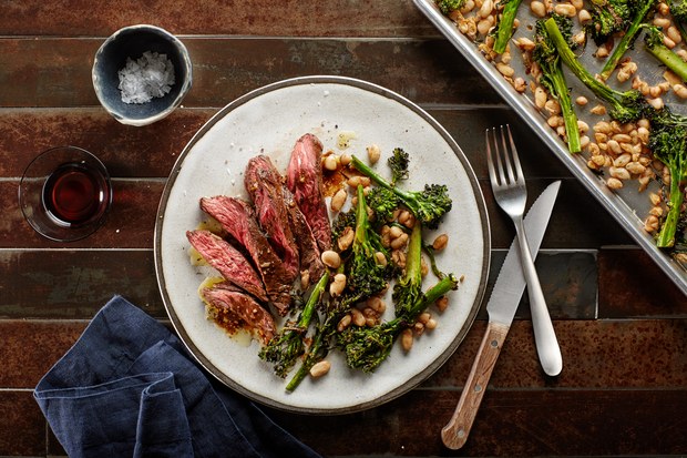Skirt Steak with Maine-ly Drizzle's Balsamic Vinaigrette, Broccolini, and White Beans