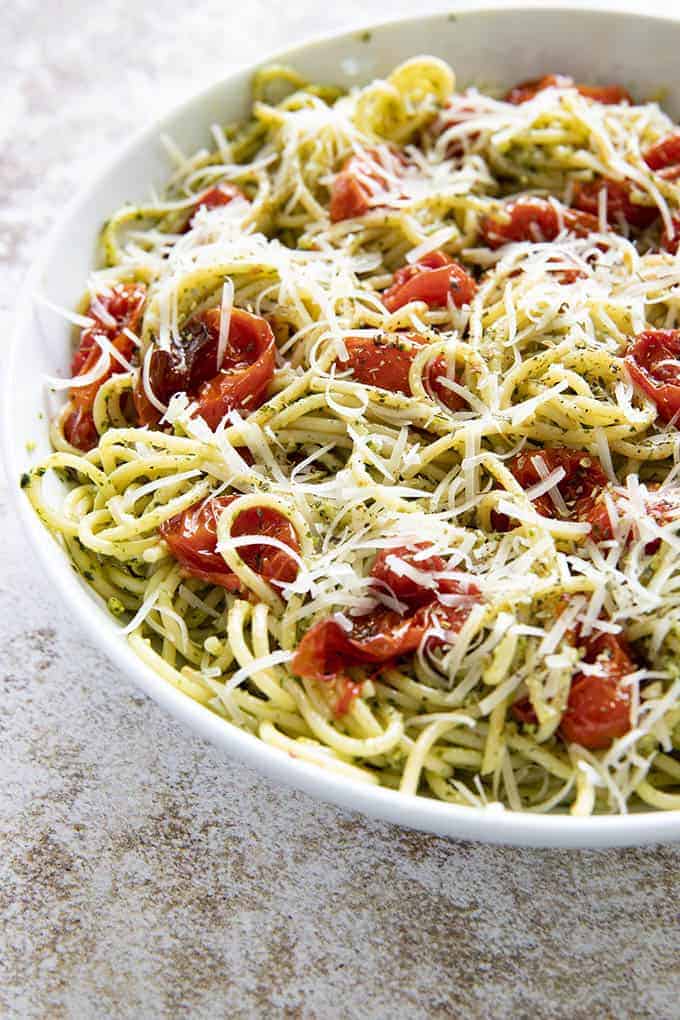 Spaghetti with Cherry Tomatoes and Basil Pesto