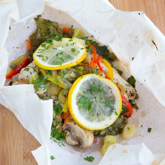Fresh Snapper En Papillote with Maine-ly Drizzle organic Arbequina Extra Virgin Olive Oil