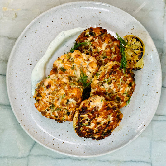 Salmon Potato Cakes with Lemon Dill Tahini Sauce