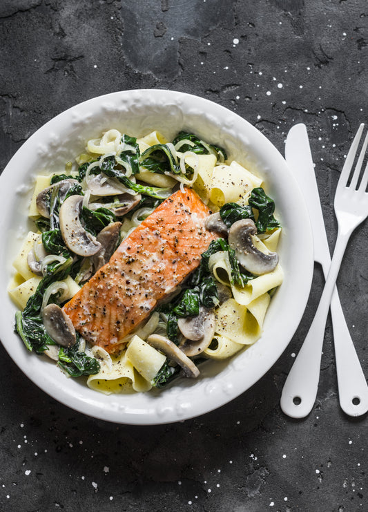 Grilled Wild Salmon and Asparagus in Basil Olive Oil-Lemon Cream Sauce over Basil Infused Pappardell