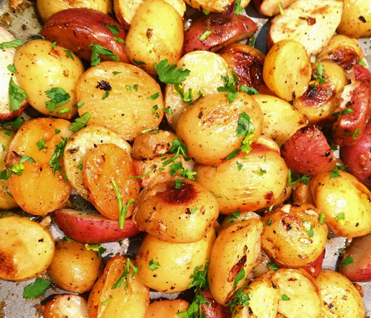 Greek Style Chicken Souvlaki with Lemon, and Garlic Olive Oil Garlic Roasted Potatoes