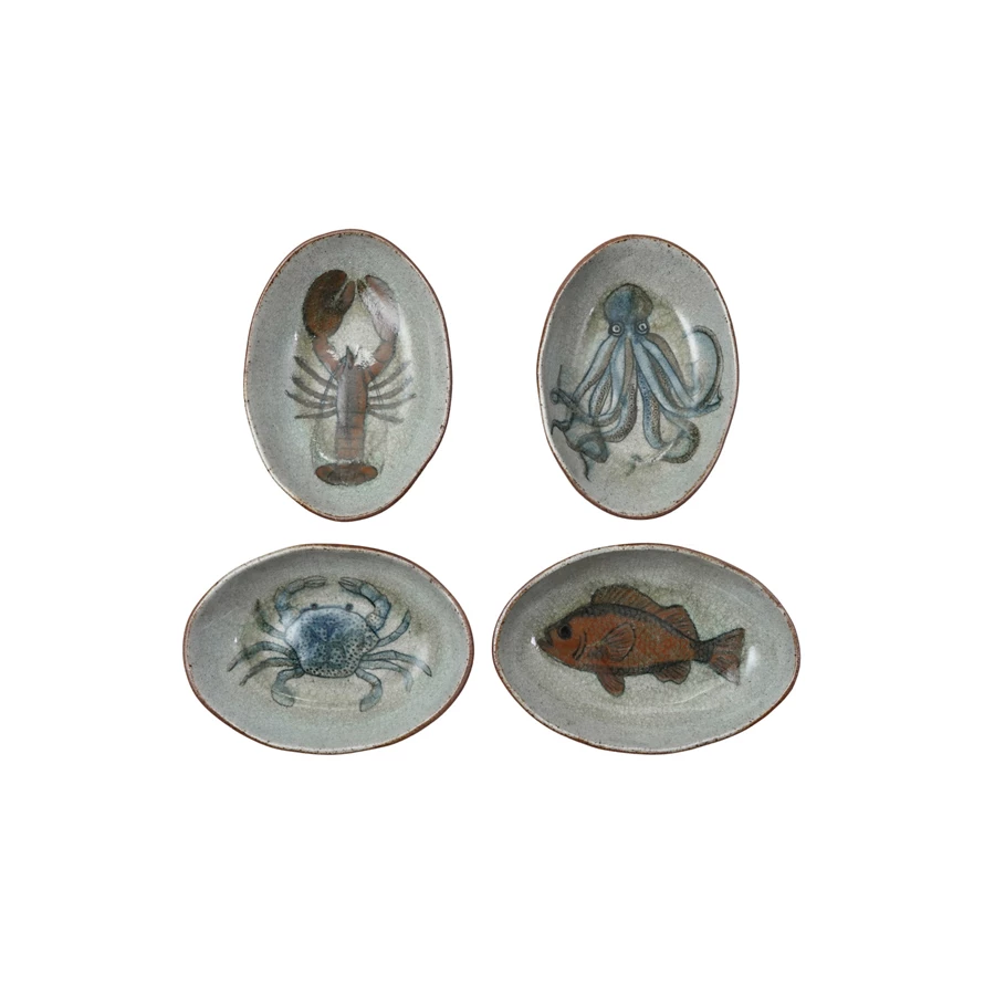 Hand-Painted Stoneware Dish with Sea Life, 4 Styles