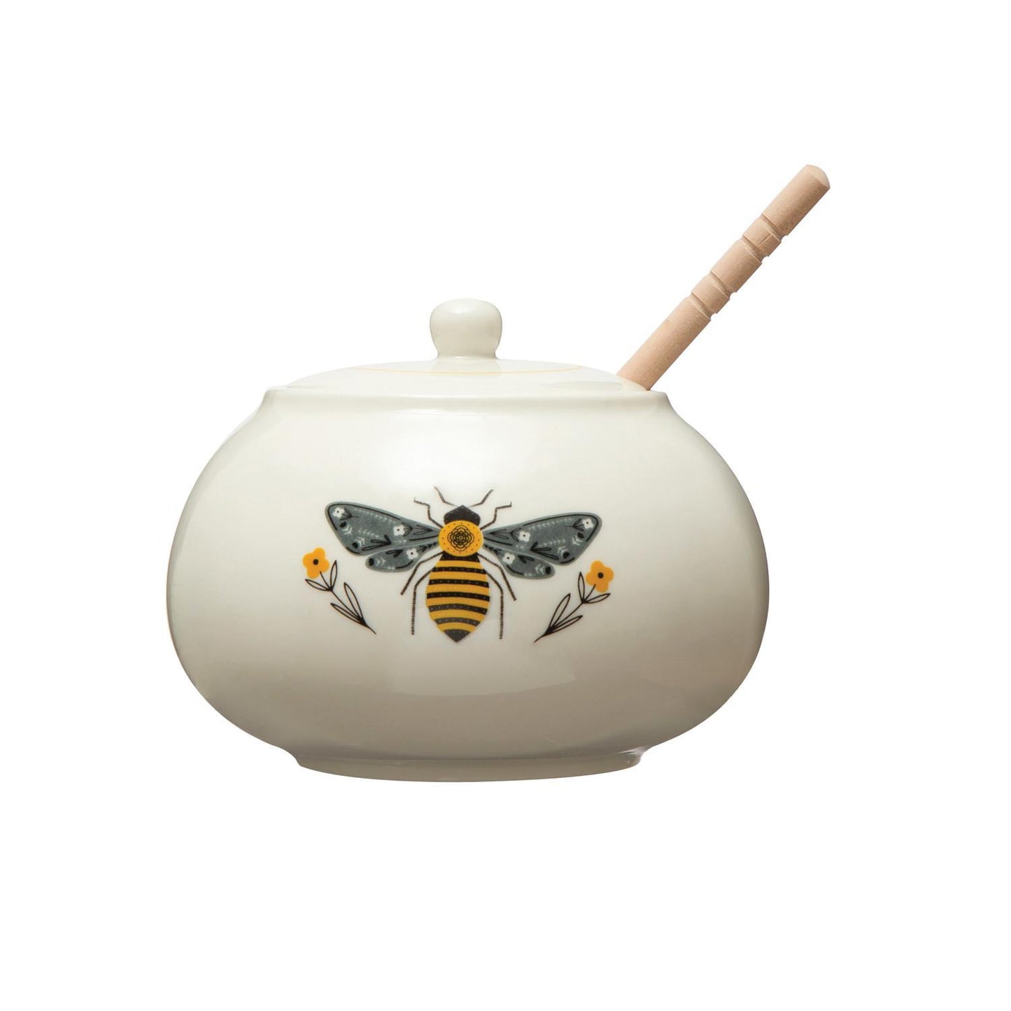 Stoneware Honey Pot w/ Wood Honey Dipper & Bee, Multi Color